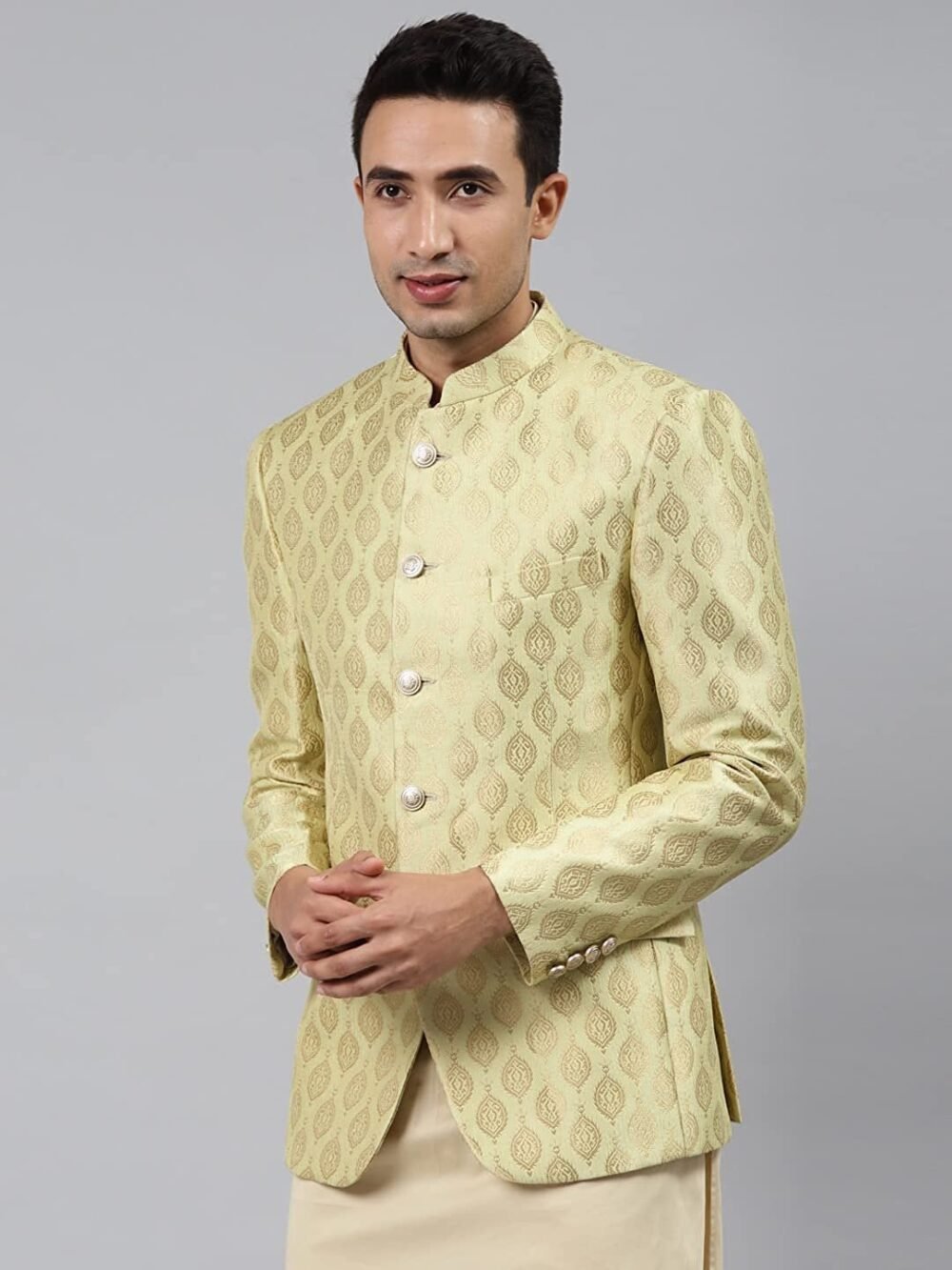 Men Off-White Self-Design Slim Fit Bandhgala Blazer - Image 3