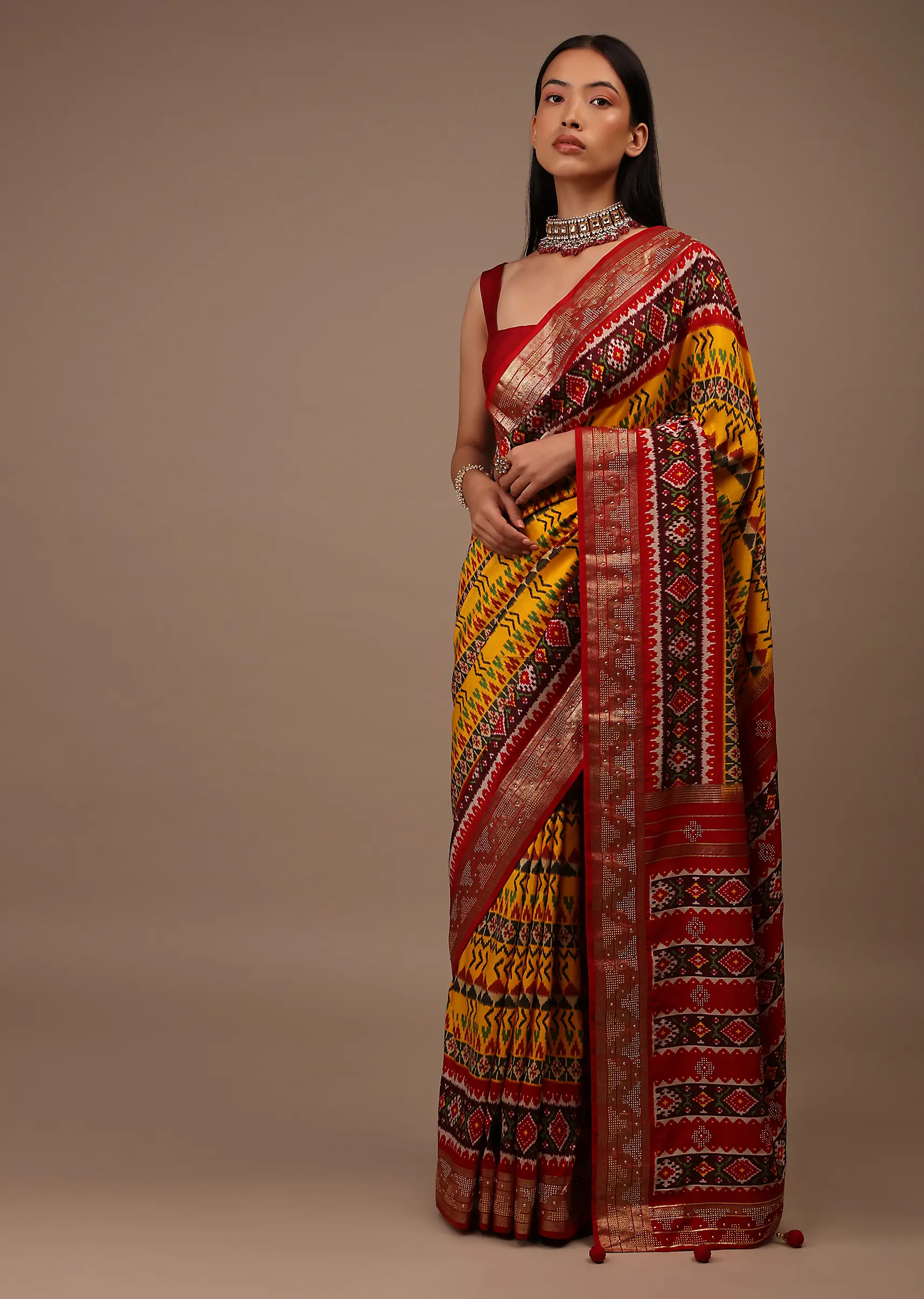 Chrome Yellow Saree In Silk With Multi Colored Patola And Foil Print And Contrasting Maroon Border - Image 2