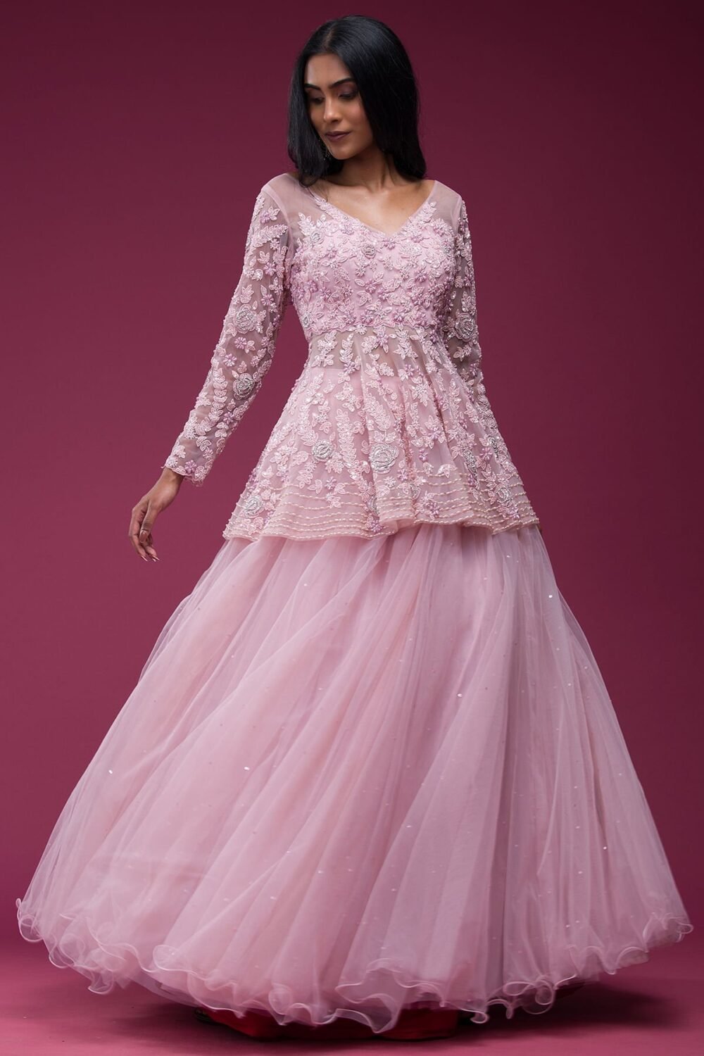 Light Pink Sequins Embroidered Net Designer Lehenga - Image 4