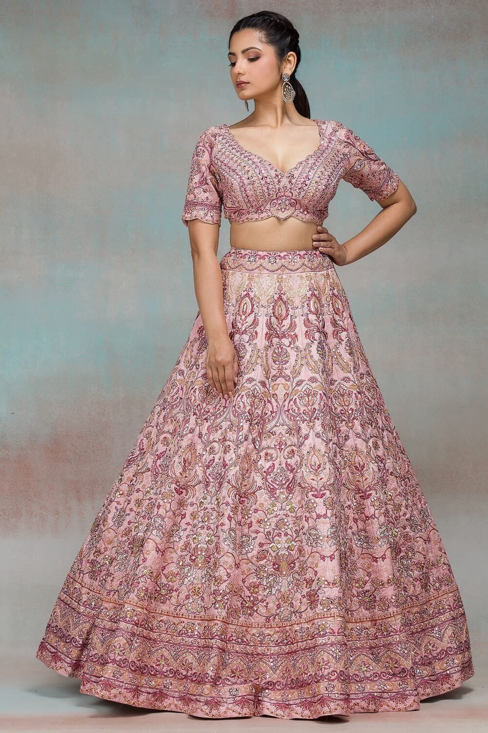 Peach Mirror Embroidered Raw Silk Bridesmaid Lehenga - Image 2
