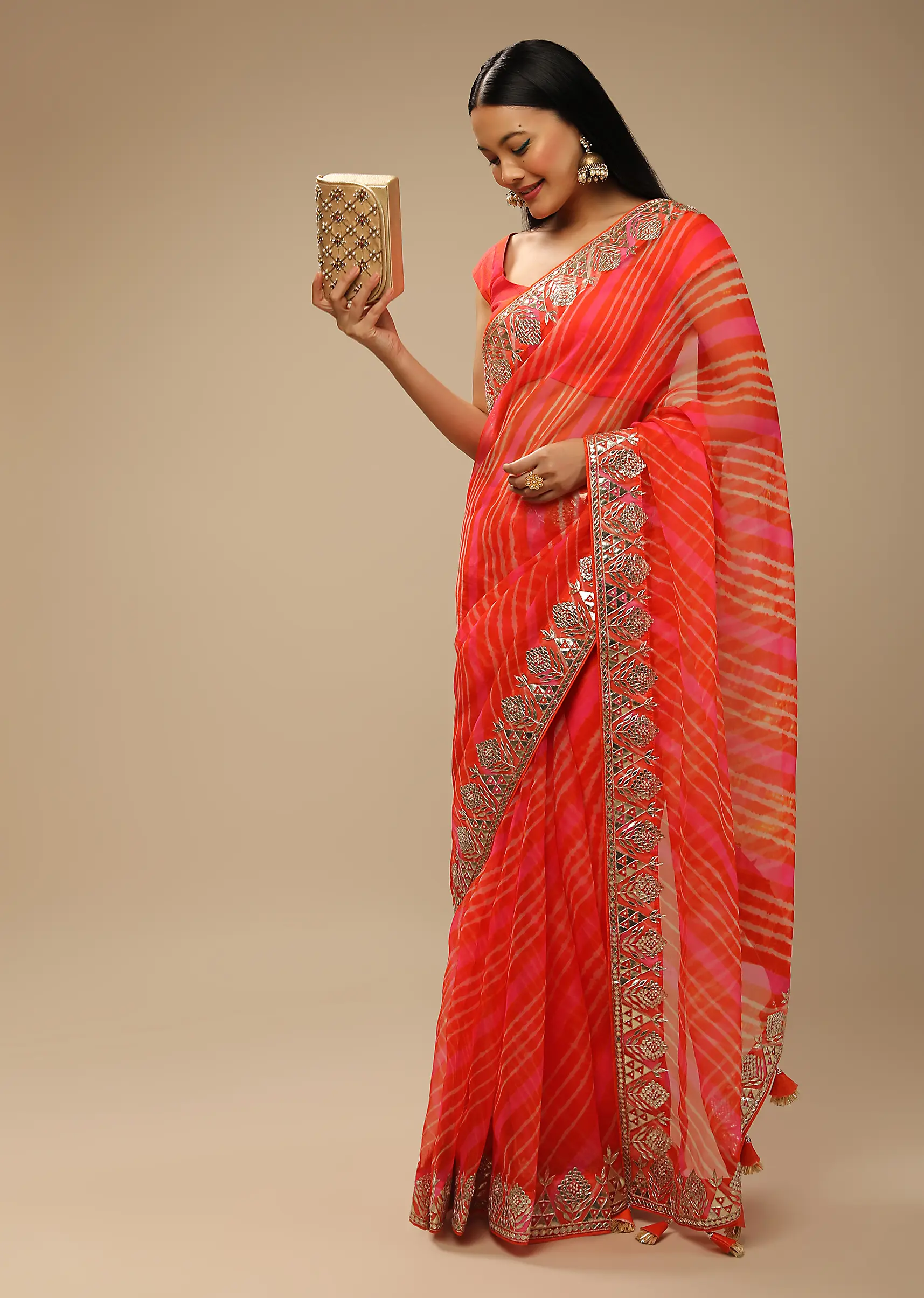 Orange And Fuchsia Dual Toned Saree In Organza With Lehariya Print And Gotta Patti Embroidered Geometric Floral Border - Image 3